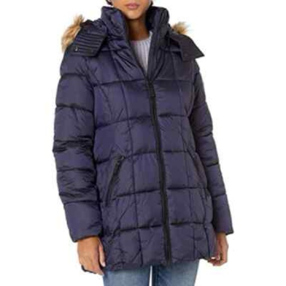 Marc New York Blue Puffer Jacket Faux Fur-Trim Parka High Collar Size S
